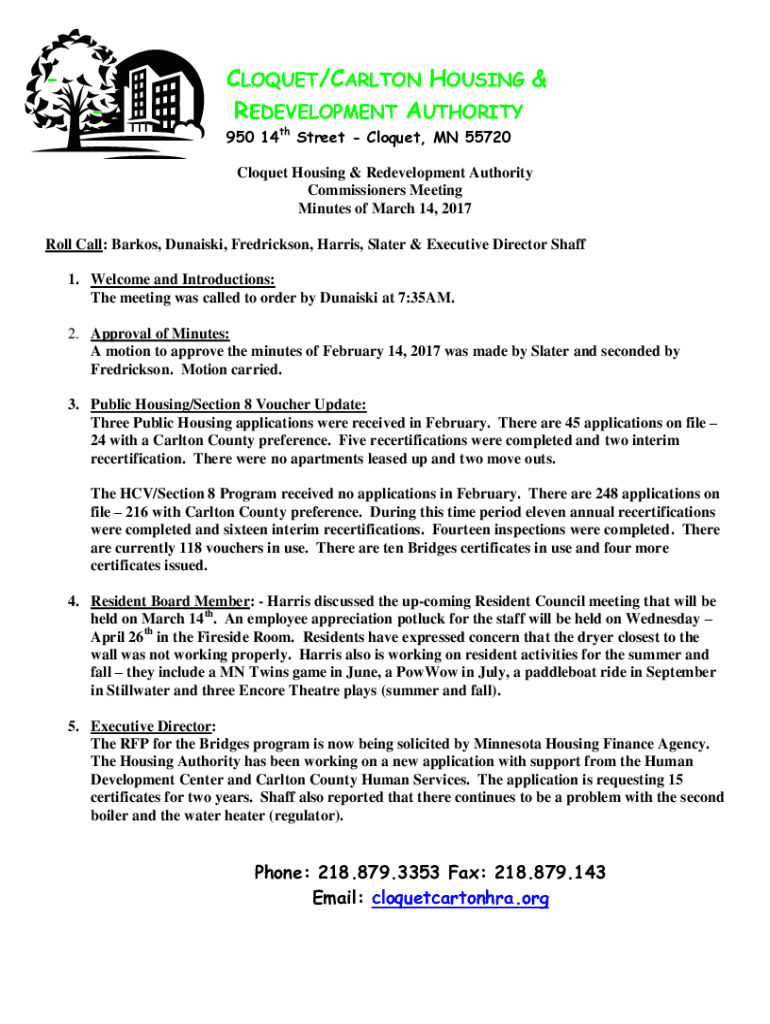 Fillable Online CLOQUET/CARLTON HOUSING & REDEVELOPMENT Fax Email Print pdfFiller