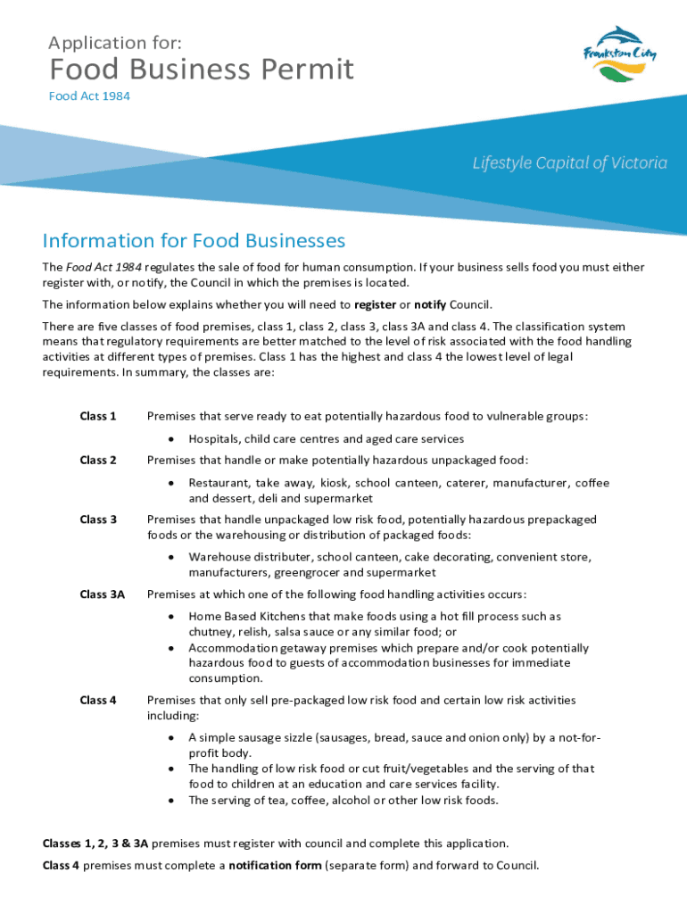 Fillable Online Application to Register a Food PremisesCity of