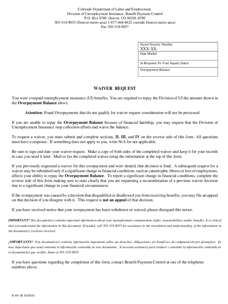 B-491 Overpayment Waiver Request Preview on Page 1