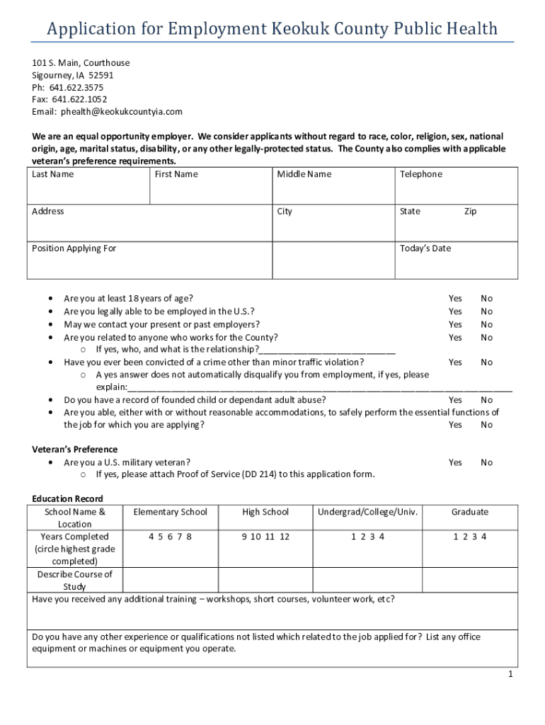 Fillable Online Application for Employment Keokuk County Public Health