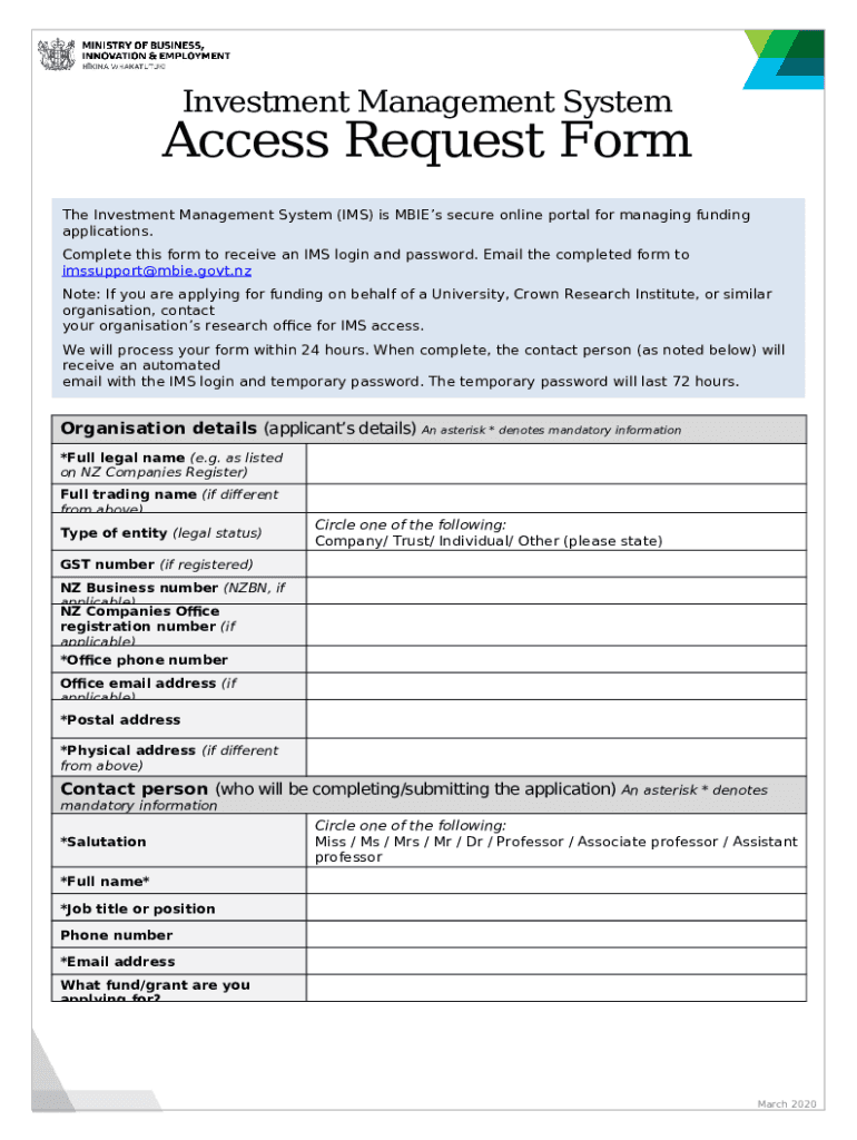 Investment Management System Access Request . IMS Access Doc Template