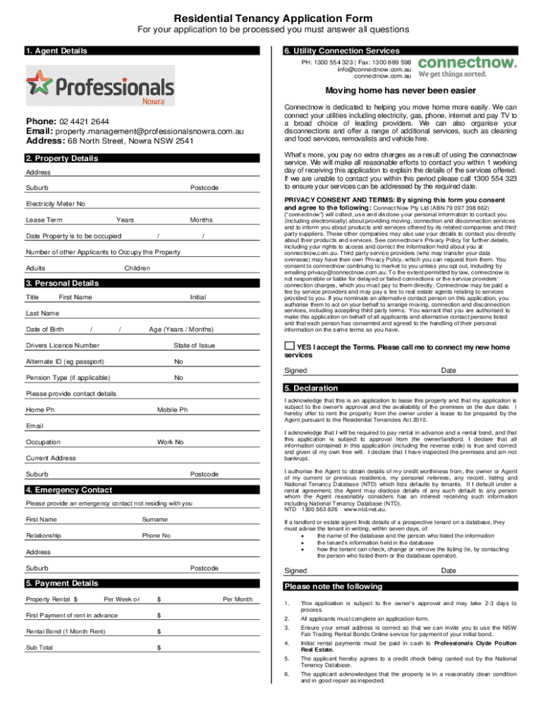 Fillable Online Residential Tenancy Application Form Waratah Estate