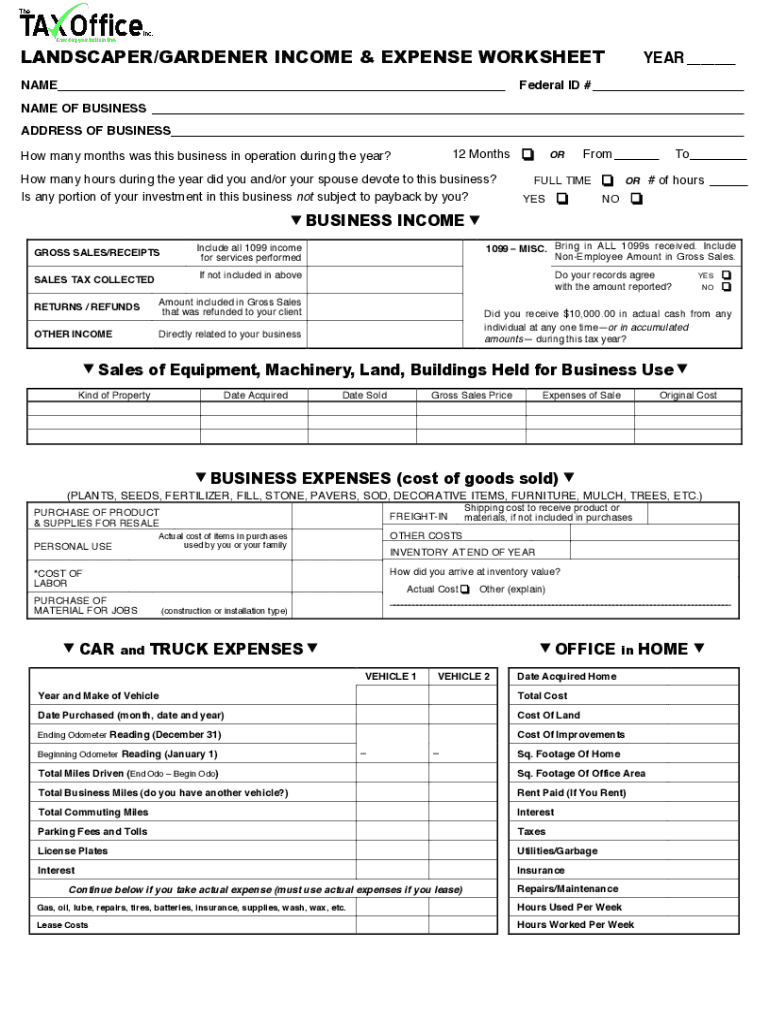 Fillable Online LANDSCAPER/GARDENER & EXPENSE WORKSHEET Fax