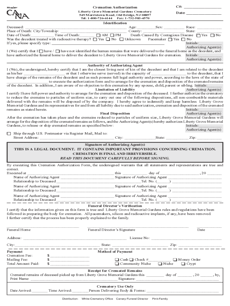 new jersey cremation authorization Preview on Page 1