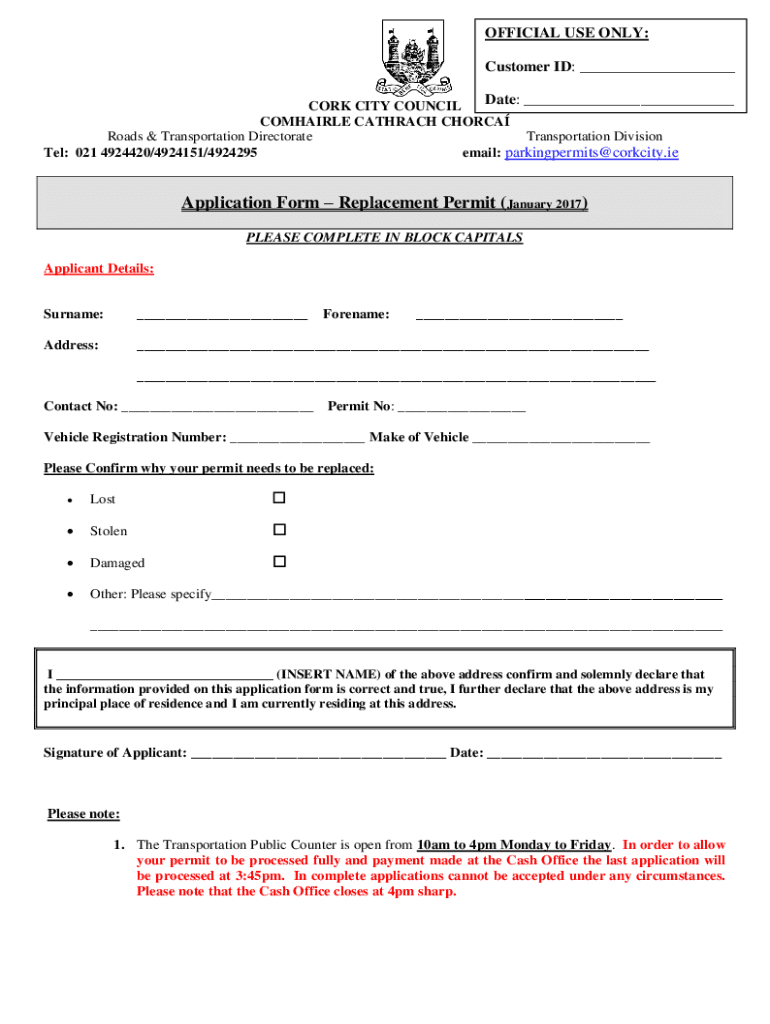 Fillable Online PDF RESIDENT'S PARKING PERMIT Application Form Cork