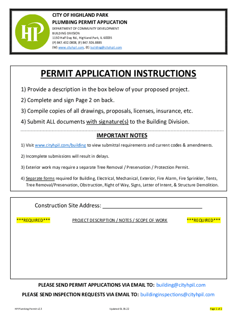 Highland Park Plumbing Permit, v2 3 Preview on Page 1