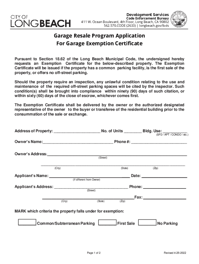 Fillable Online Garage Resale Program Application For Garage Exemption
