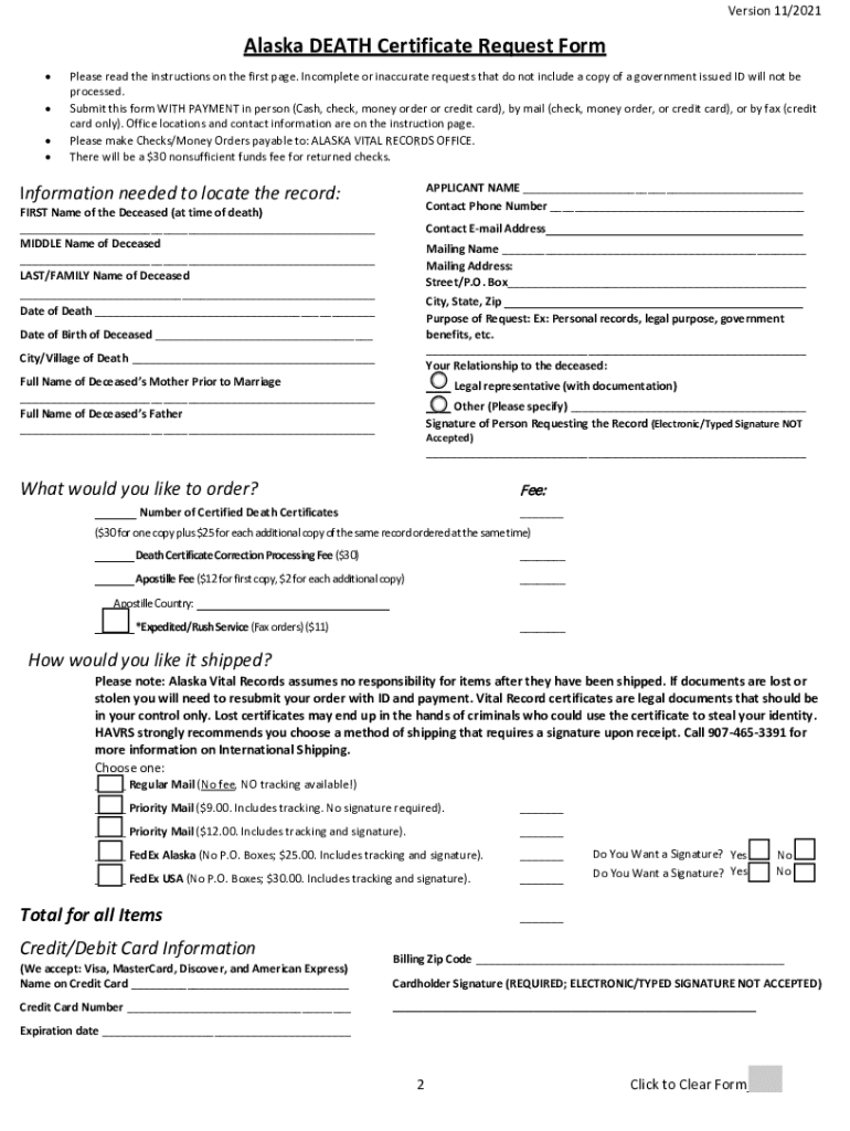 Alaska DEATH Certificate Request Form Instructions Preview on Page 1