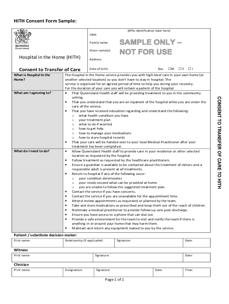 Fillable Online Hospital in the Home Consent to Transfer of Care Form