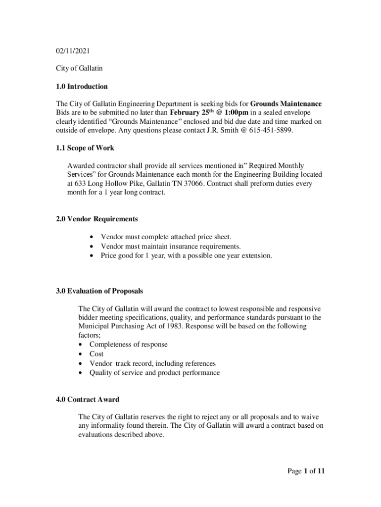 Fillable Online www.gallatintn.gov DocumentCenter View1.0 Introduction Grounds Maintenance Bids