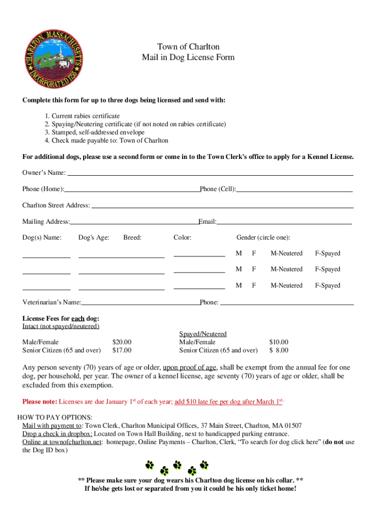 Mail in Dog License Form Town of Charlton Preview on Page 1