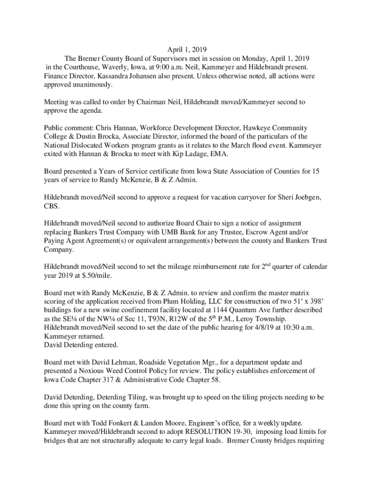 Fillable Online April 1, 2019 The Bremer County Board of Supervisors