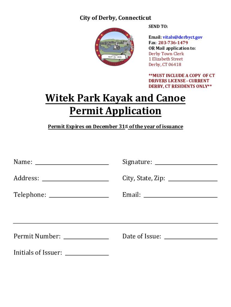 Fillable Online Witek Park Kayak and Canoe Permit Application Derby