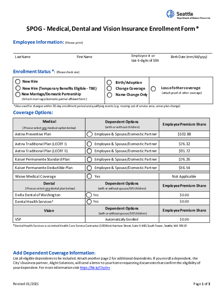 Fillable Online SPOG Medical, Dental and Vision Insurance Enrollment