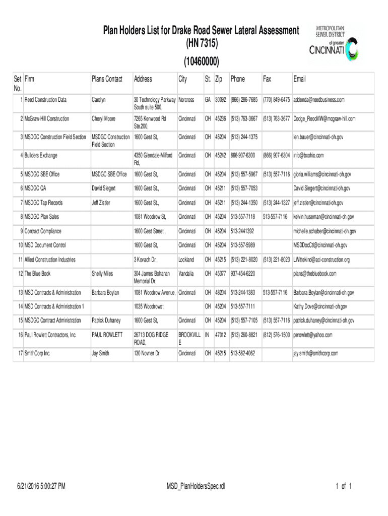 Fillable Online Plan Holders List for Drake Road Sewer Lateral