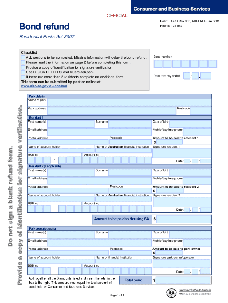 Fillable Online Bond refund form residential parks. Tenancies Forms Fax Email Print pdfFiller