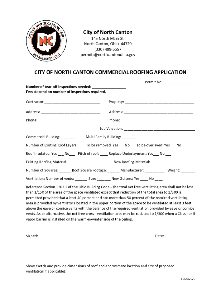 Fillable Online CITY OF NORTH CANTON COMMERCIAL ROOFING APPLICATION Fax Email Print pdfFiller