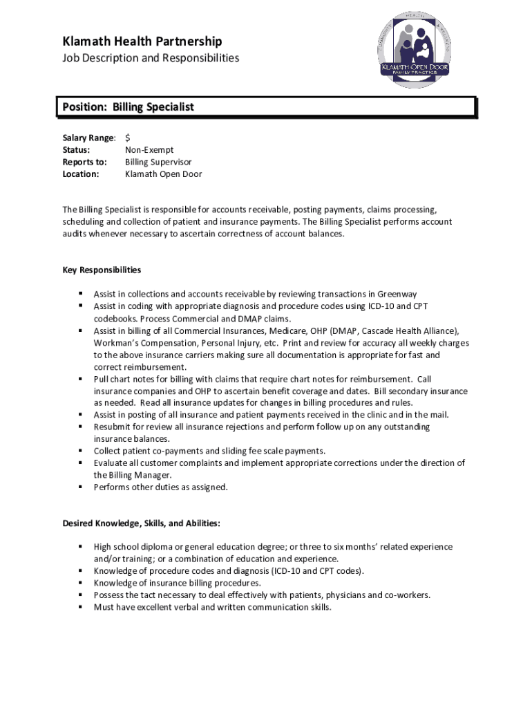 job description billing specialist Preview on Page 1
