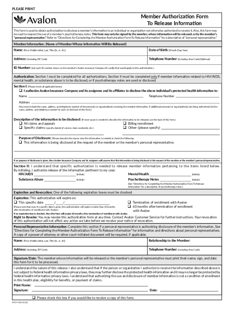 Fillable Online Member Authorization Form To Release Information 
