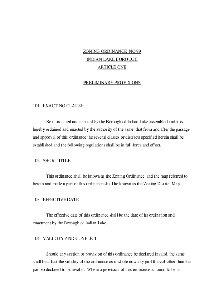 Fillable Online ZONING ORDINANCE NO 99 INDIAN LAKE BOROUGH ARTICLE ONE
