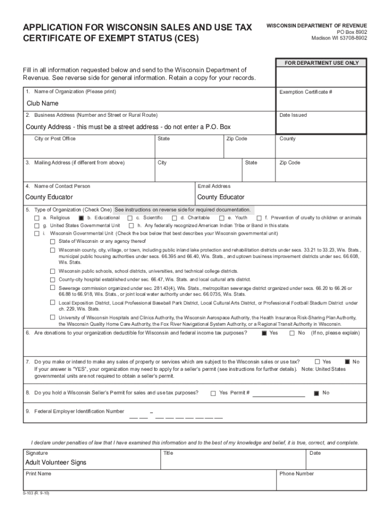 Fillable Online September 2010 S103 Application for Wisconsin Sales