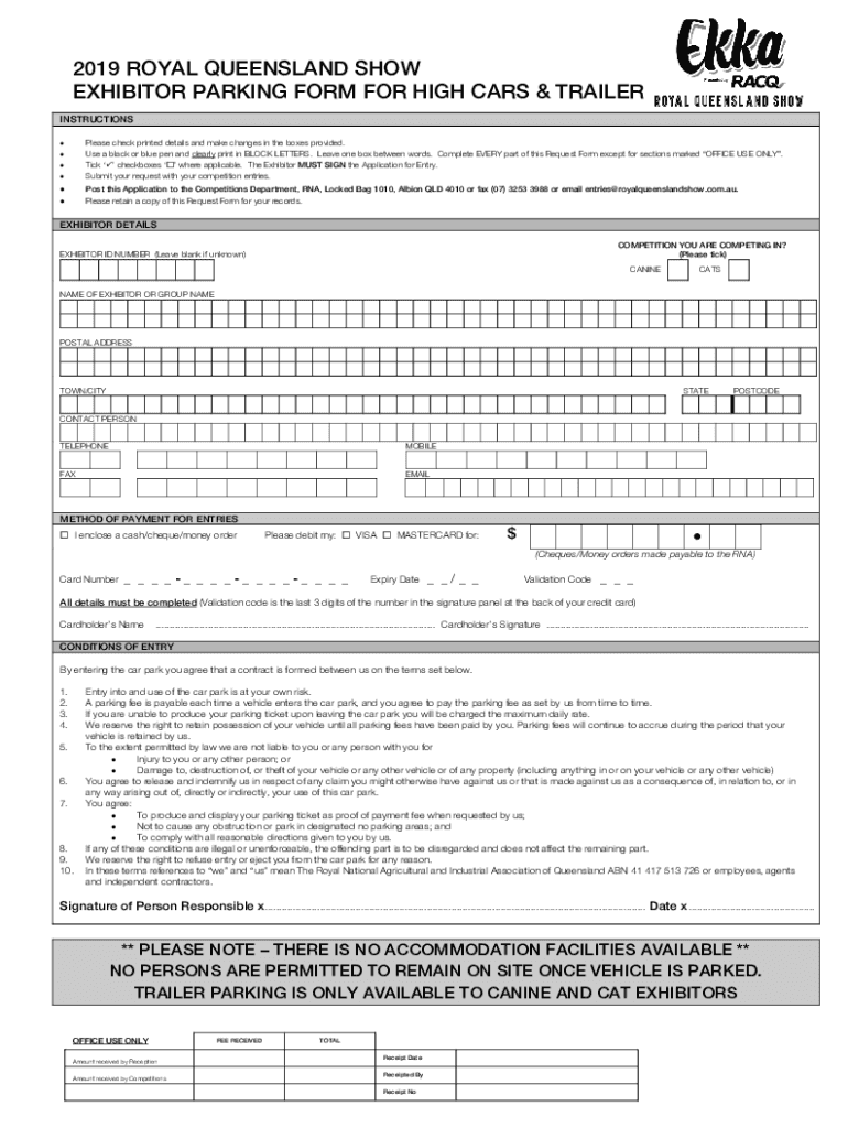 Fillable Online ROYAL QUEENSLAND SHOW EXHIBITOR PARKING FORM FOR