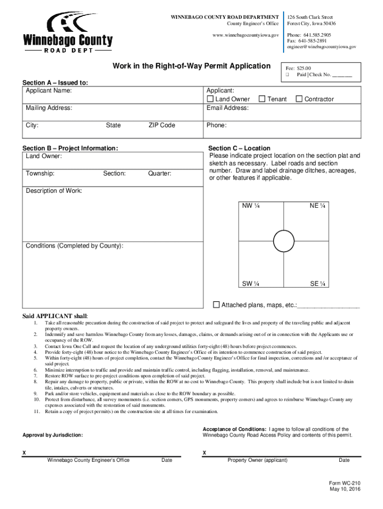 Fillable Online Winnebago County Work in the Right of Way Permit Application 51016 Fax Email