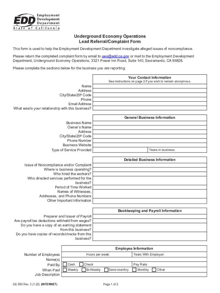 Underground Economy Operations Lead Referral Complaint Form (DE 660 Rev 3 (1-22)) Preview on Page 1