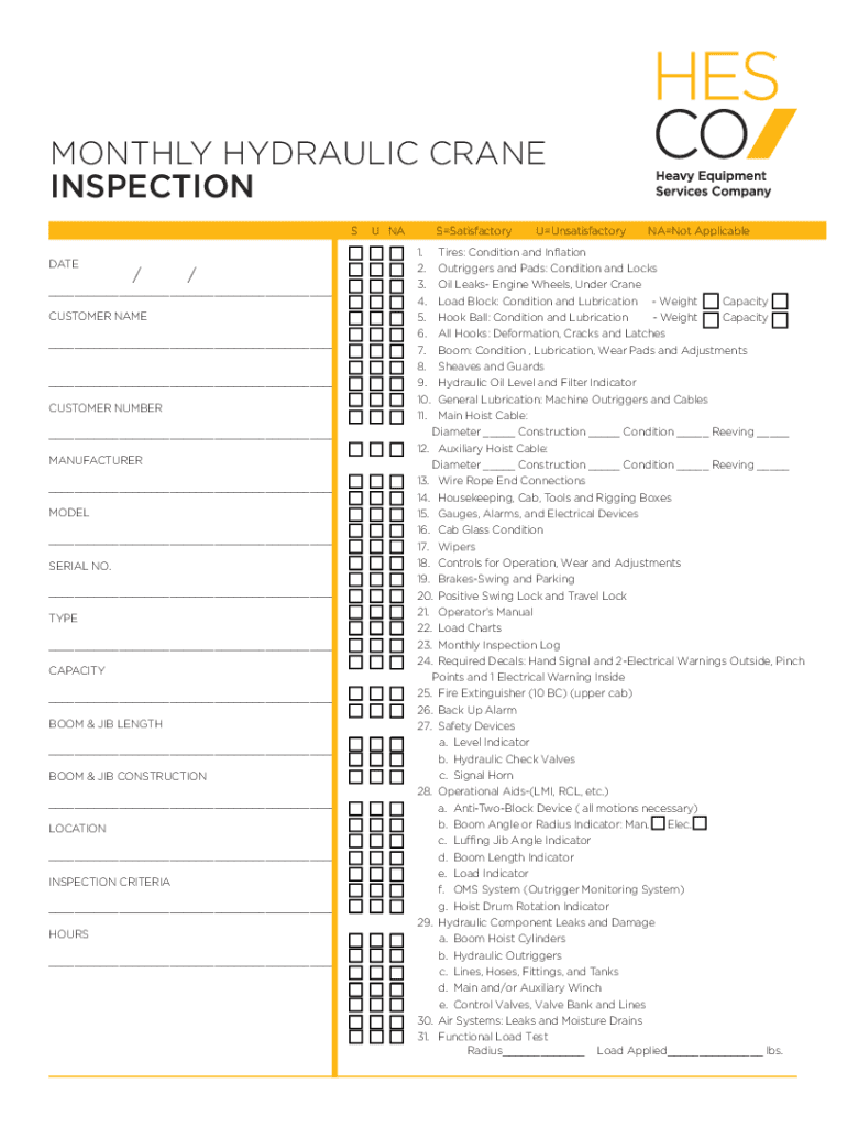 hescocrane free-downloads-craneInspection ChecklistHESCO Crane InspectionCrane Safety Preview on Page 1
