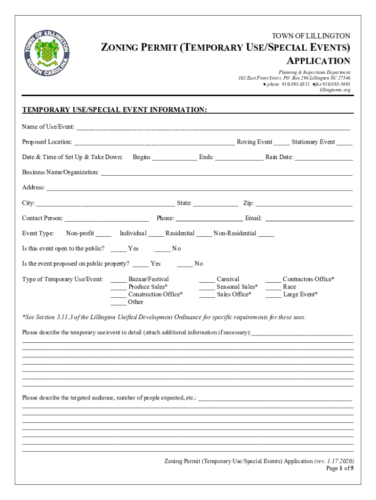 Fillable Online TOWN LILLINGTON ZONING PERMIT (TEMPORARY USE/SPECIAL