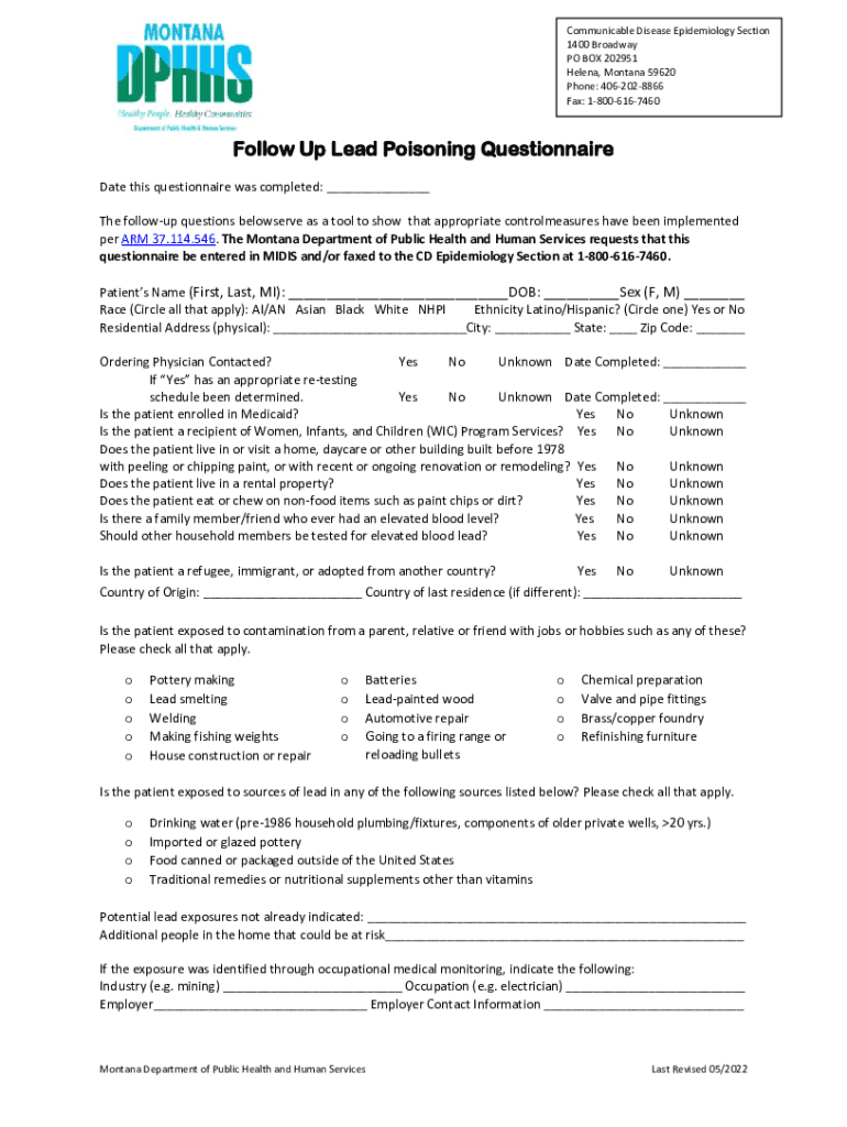 Fillable Online dphhs mt Follow Up Lead Poisoning Questionnaire. Follow ...