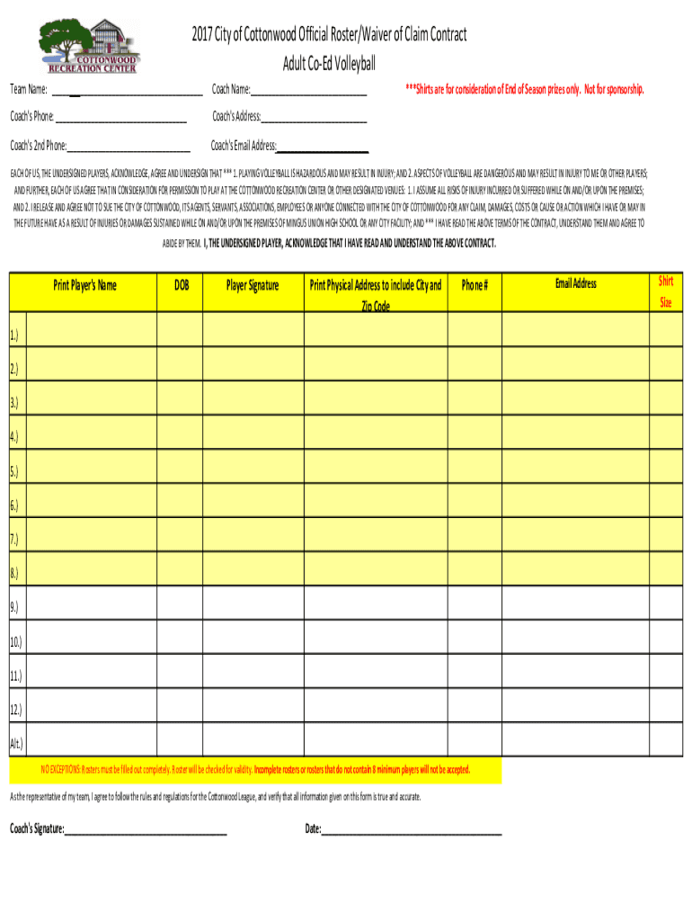 Fillable Online 2017 City of Cottonwood Official Roster/Waiver of Claim