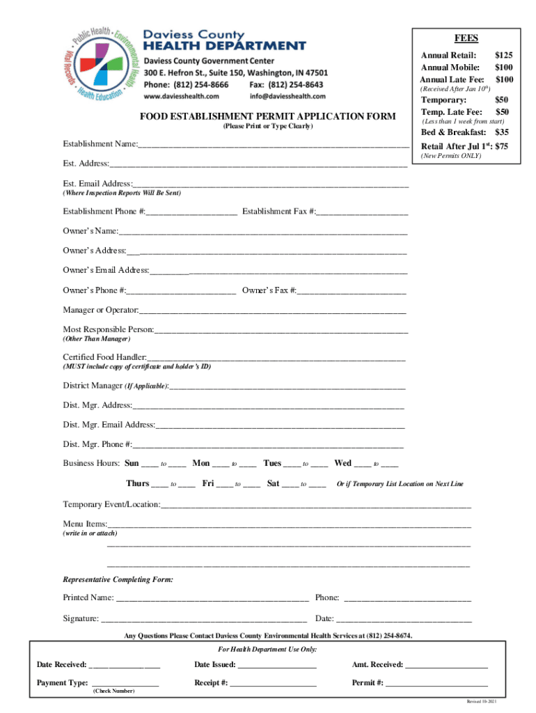 Fillable Online DAVIESS COUNTY HEALTH DEPARTMENT. ESTABLISHMENT