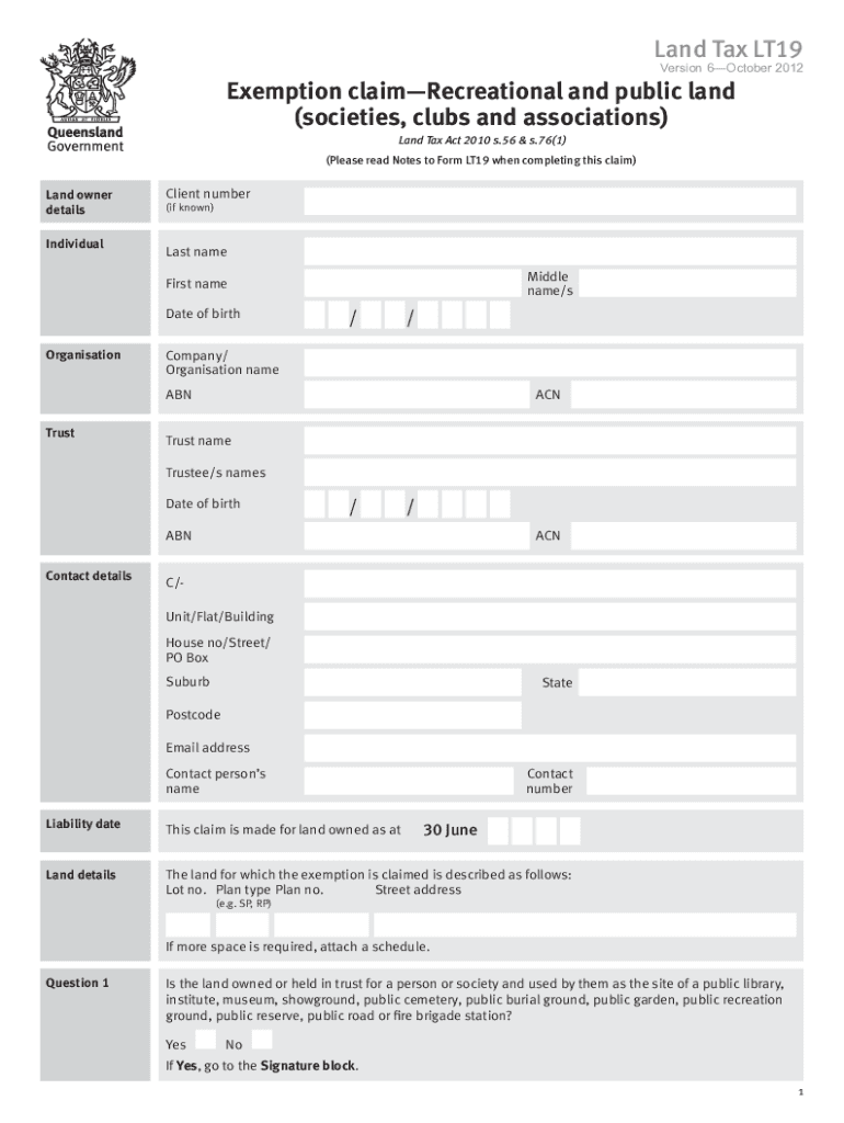 Fillable Online Form OSR LT19Exemption claimRecreational and public land. land tax exemptions