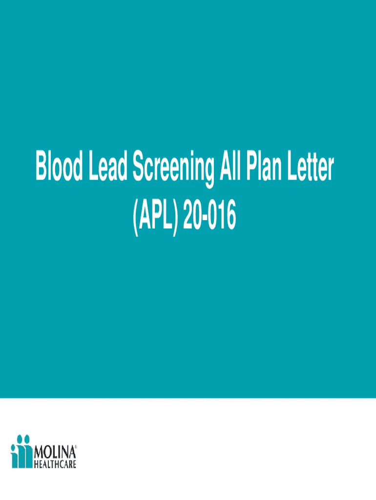 Fillable Online Blood Lead Screening All Plan Letter (APL) 20016