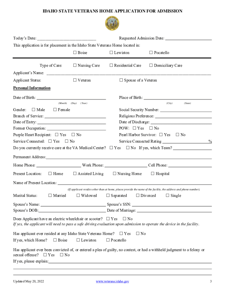 20222024 Form ID Veterans Home Application for Admission Fill Online
