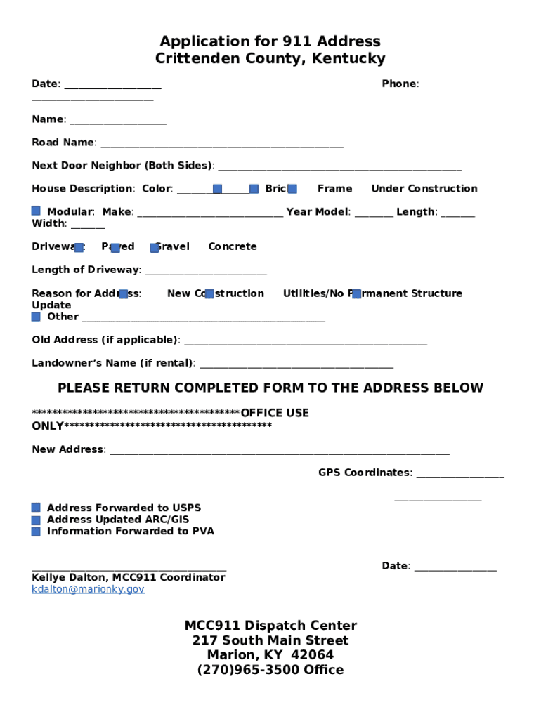 Application for 911 Address Crittenden County, Kentucky Revize Doc Template pdfFiller