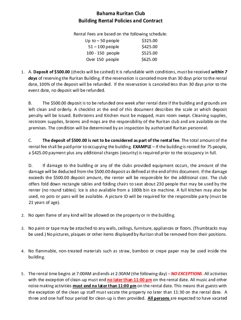 Fillable Online Bahama Ruritan Club Building Rental Policies and