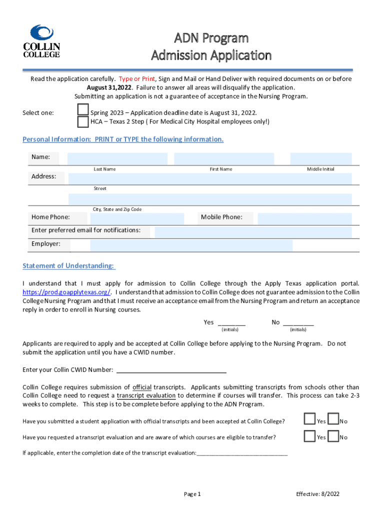 Fillable Online www.collin.edunursingassociatedegreenursingADN