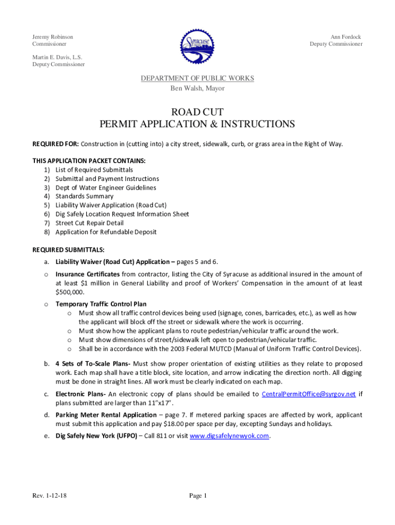 ROAD CUT PERMIT APPLICATION and INSTRUCTIONS - syrgov Preview on Page 1