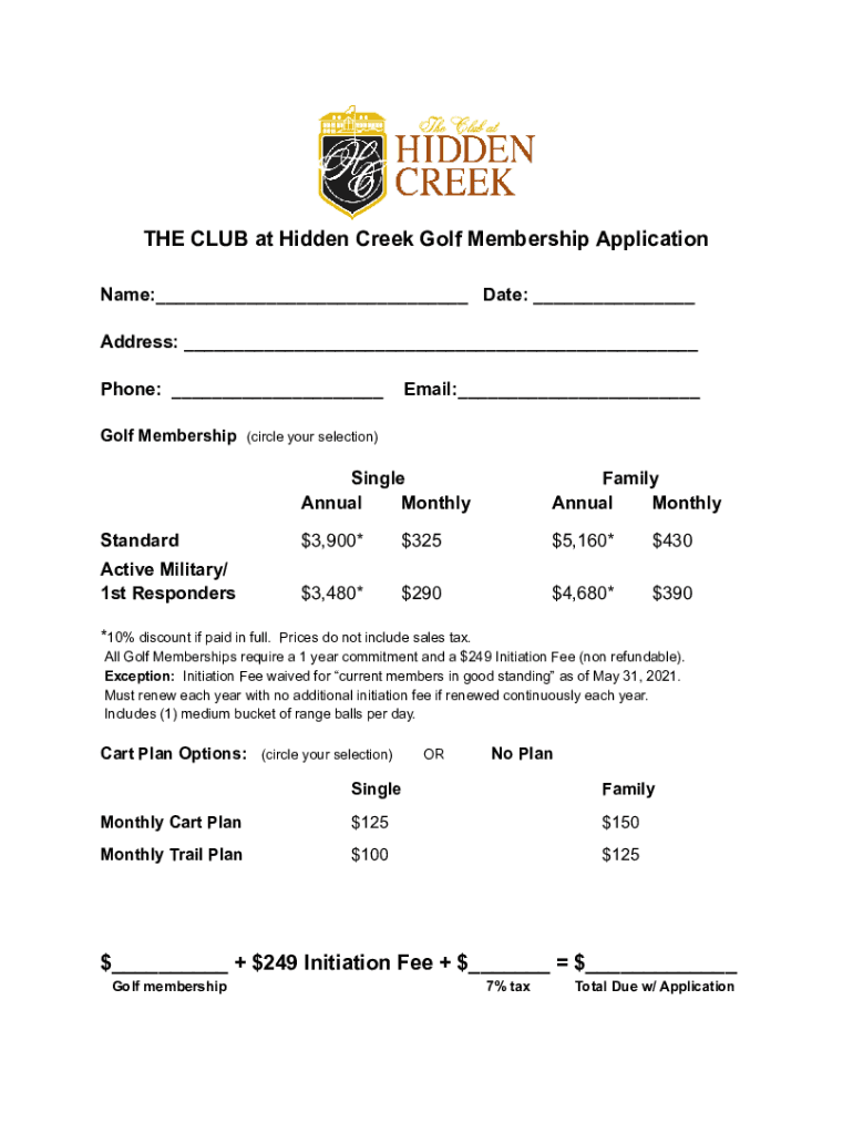 Fillable Online THE CLUB at Hidden Creek Golf Membership Application