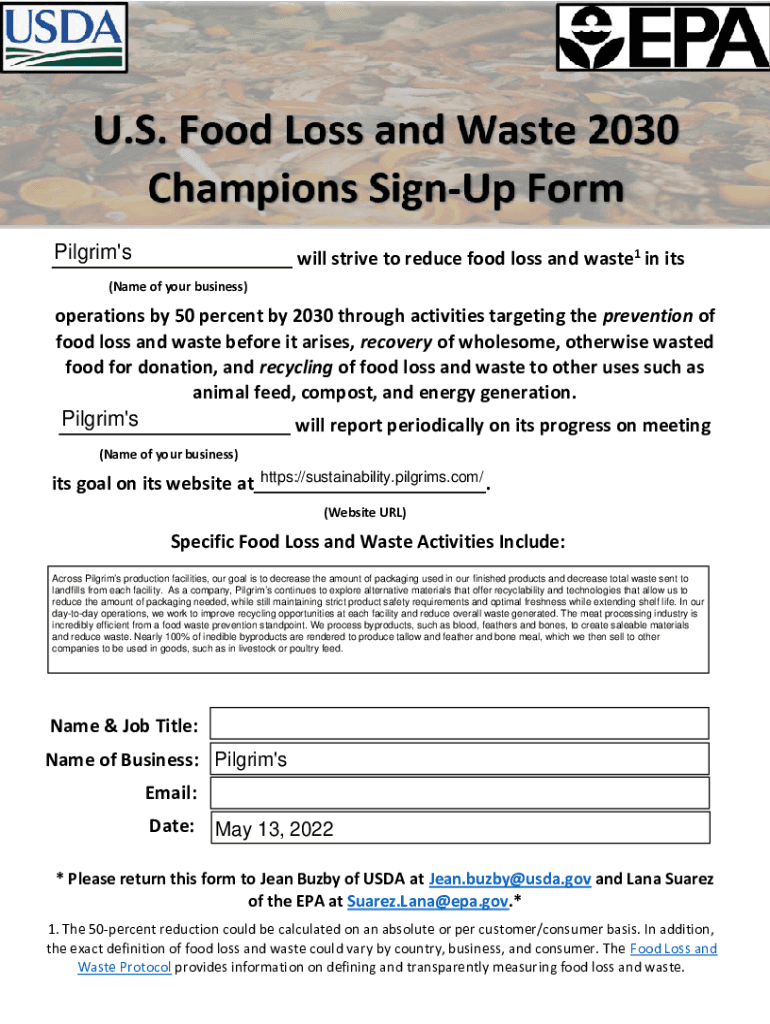 Fillable Online U.S. Food Loss and Waste 2030 Champions Signup Form