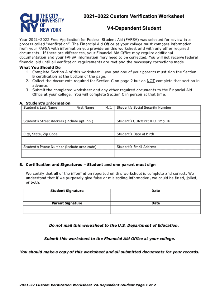 Fillable Online City 20212022 Custom Verification Worksheet University Fillable Online City 20212022 Custom Verification Worksheet University