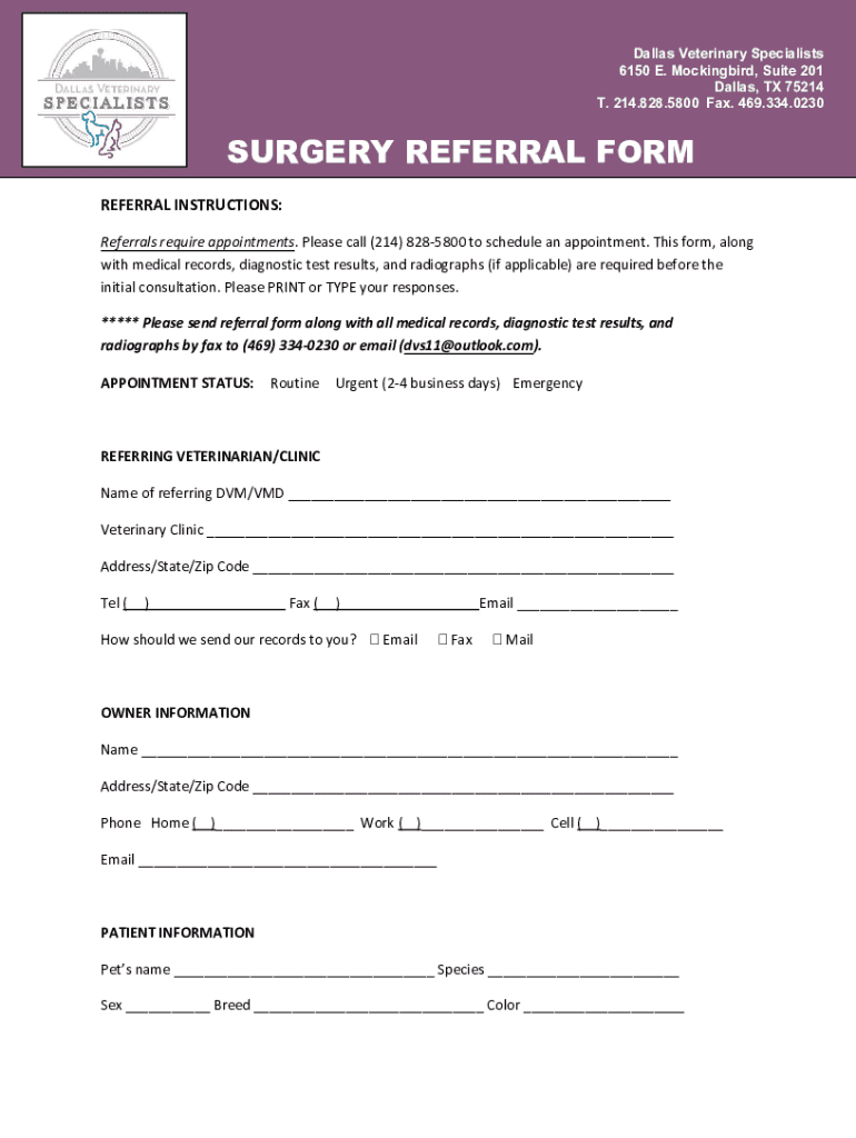 Fillable Online Dallas Veterinary Specialists Dermatology 6150 E
