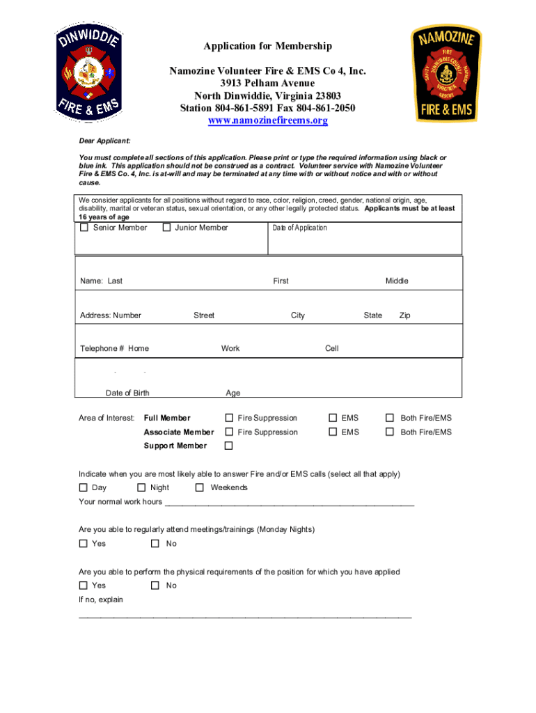 PDF Application for Membership Namozine Volunteer Fire and EMS Co 4, Inc Preview on Page 1