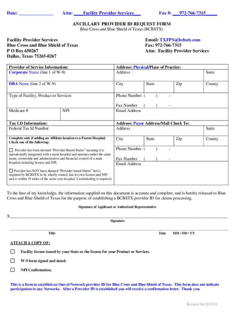 DocHub 461638717--ANCILLARY-PROVIDERFillable Online ANCILLARY PROVIDER ID REQUEST FORM Blue Cross Preview on Page 1