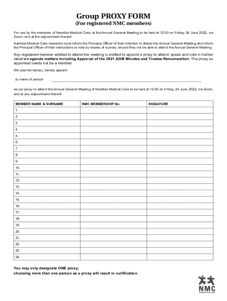 Namibia Medical Care Proxy Form Preview on Page 1