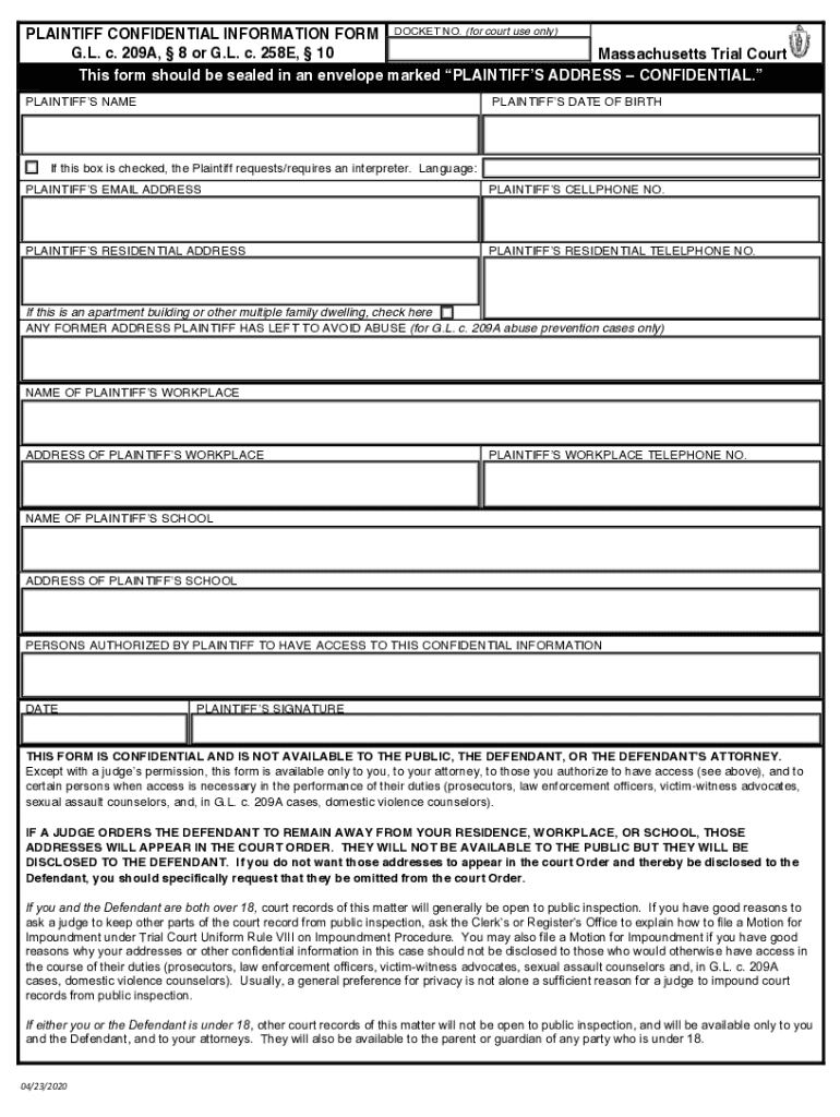 Fillable Trial Court of Massachusetts - Civil Action Cover Sheet Preview on Page 1