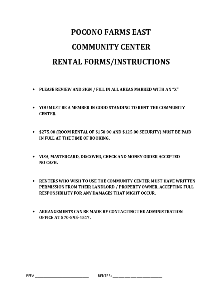 Fillable Online POCONO FARMS EAST COMMUNITY CENTER RENTAL FORMS