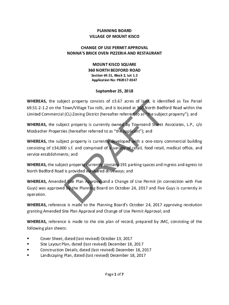 Fillable Online PLANNING BOARD VILLAGE OF MOUNT KISCO CHANGE OF USE